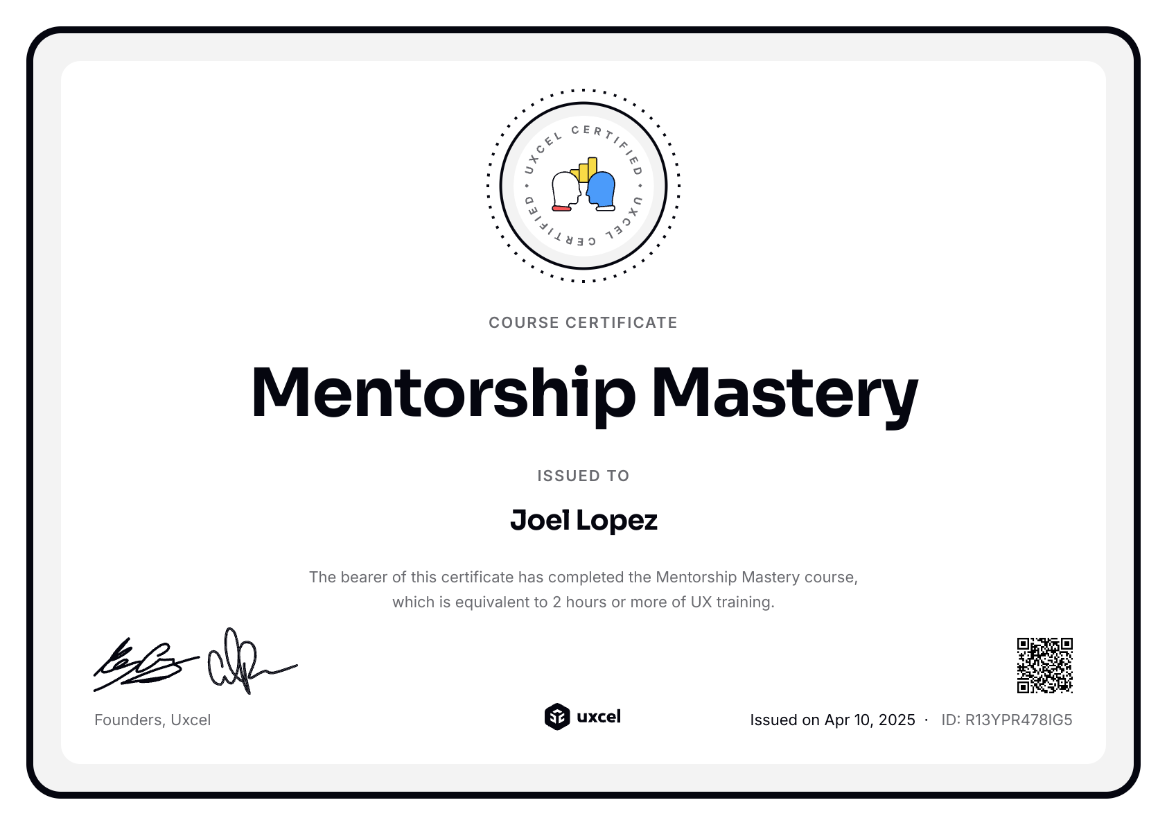 Joel Lopez's certificate